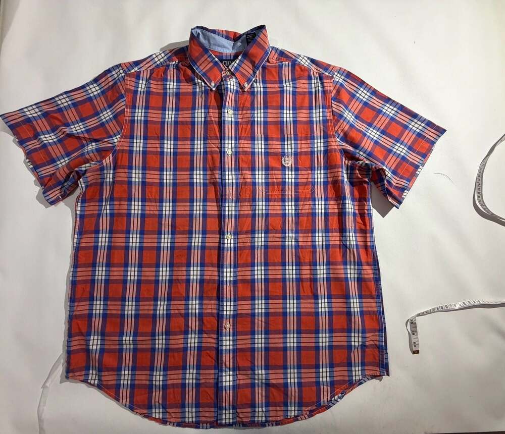 Chaps Mens XL Red Blue Plaid Short Sleeve Button Down Shirt Cotton